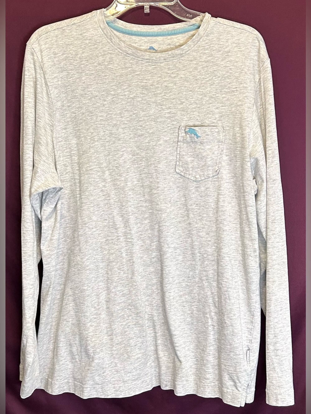 Tommy Bahama Heather Gray Long-Sleeve Pocket Tee with Light Blue Logo